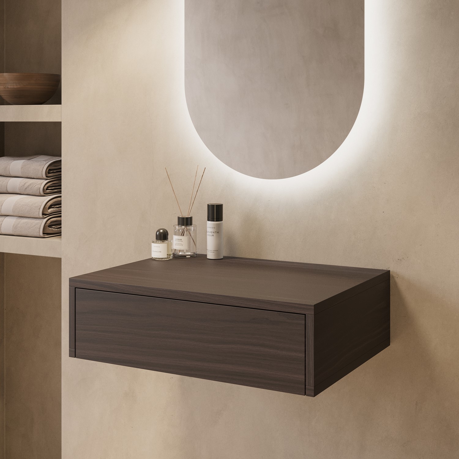 Lugo Brown 600Mm Walnut Wood Effect Wall Hung Countertop Vanity Unit