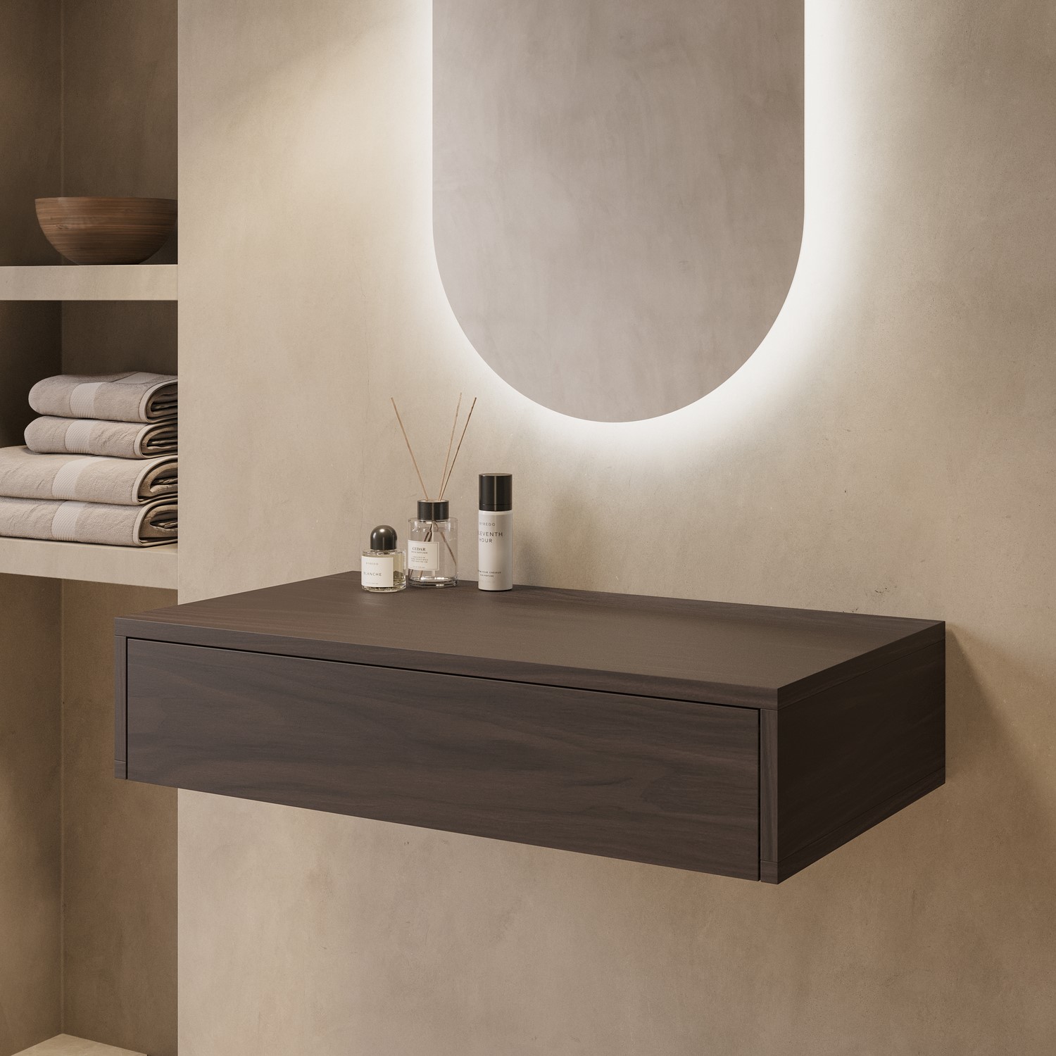 Lugo Brown 800Mm Walnut Wood Effect Wall Hung Countertop Vanity Unit