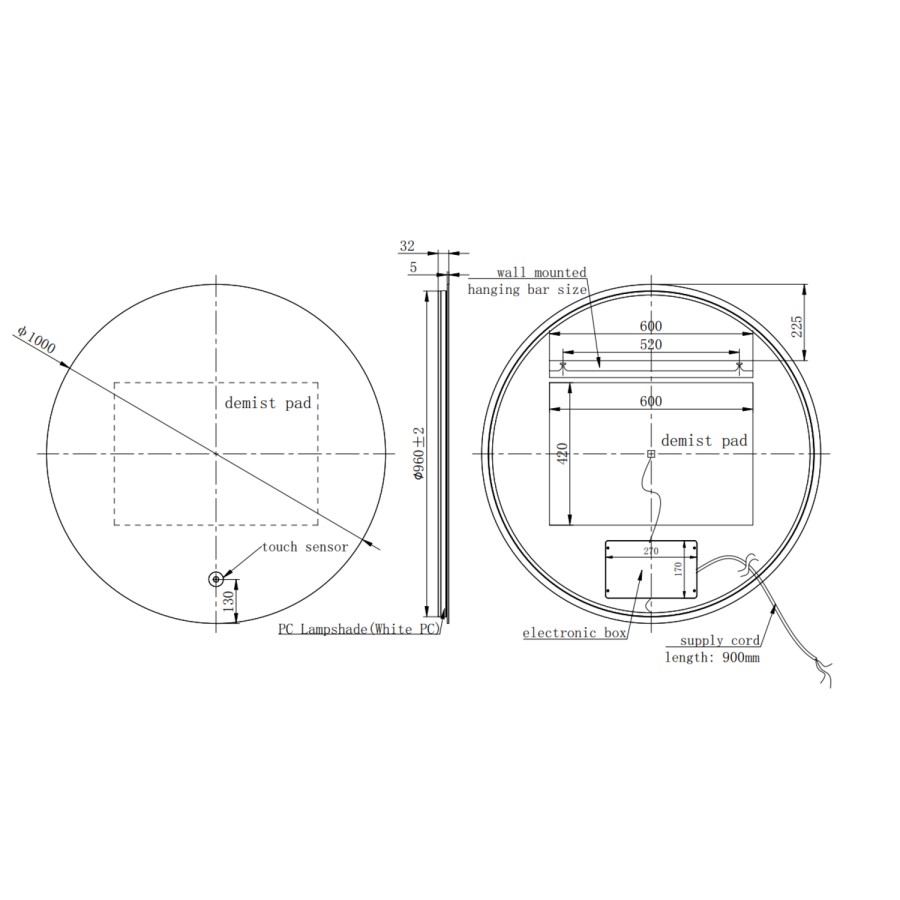 Round Backlit Heated Bathroom Mirror with Lights 1000mm - Luna
