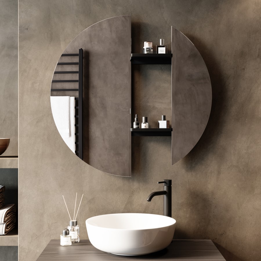 Round Backlit Heated Bathroom Mirror with Lights & Black Shelves 800mm – Luna