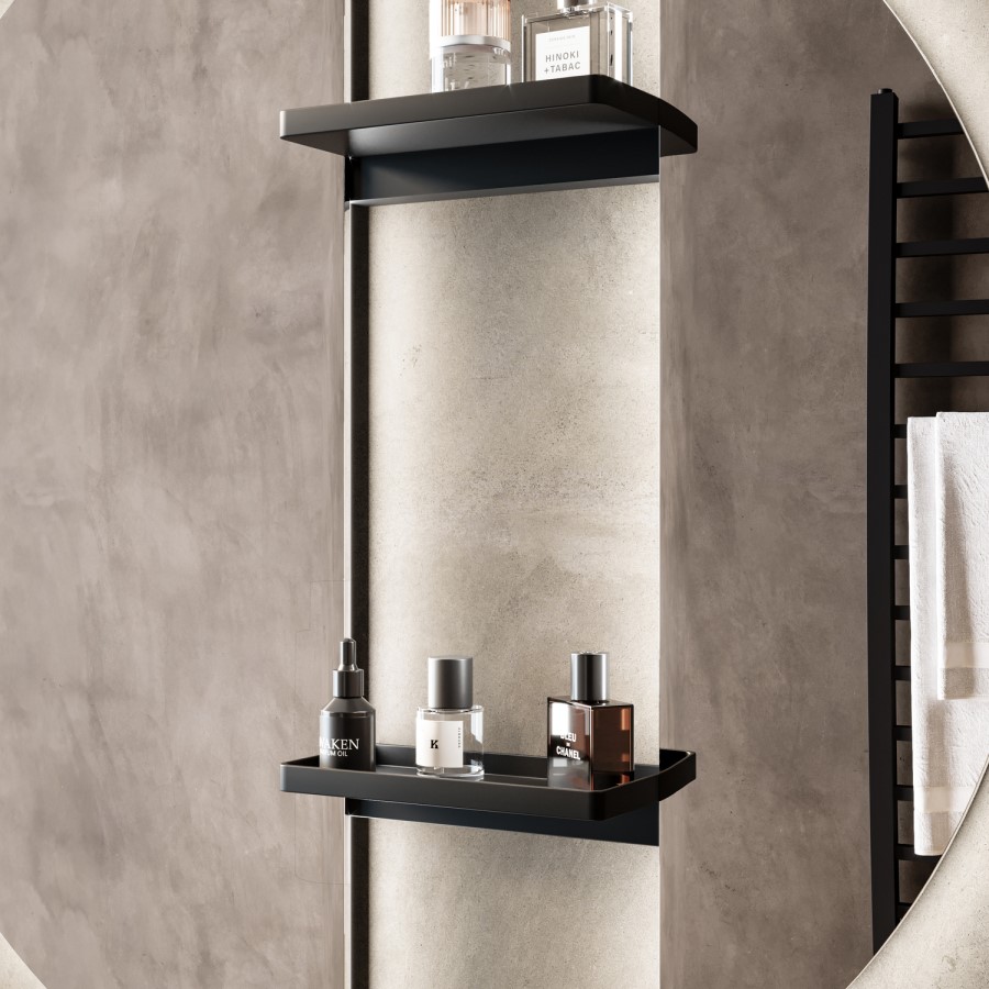 Round Backlit Heated Bathroom Mirror with Lights & Black Shelves 800mm – Luna