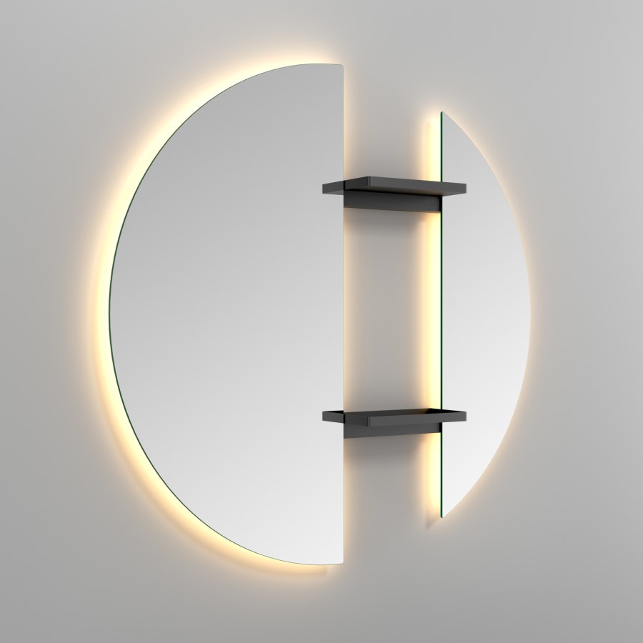 Round Backlit Heated Bathroom Mirror with Lights & Black Shelves 800mm – Luna