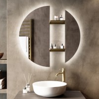 Round Backlit Heated Bathroom Mirror with Lights & Brass Shelves 800mm - Luna
