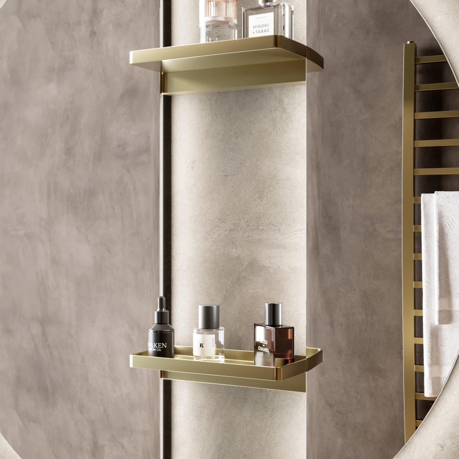 Round Backlit Heated Bathroom Mirror with Lights & Brass Shelves 800mm - Luna