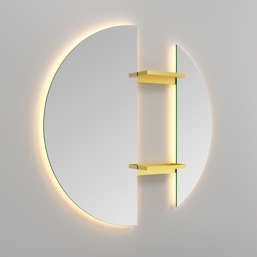 Round Backlit Heated Bathroom Mirror with Lights & Brass Shelves 800mm - Luna