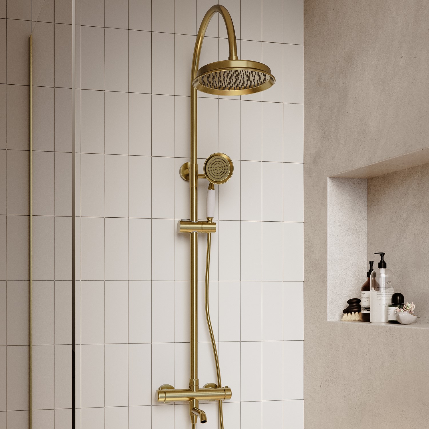 Lyla Brass Brushed Thermostatic Traditional Mixer Shower Set With Bath Filler Spout