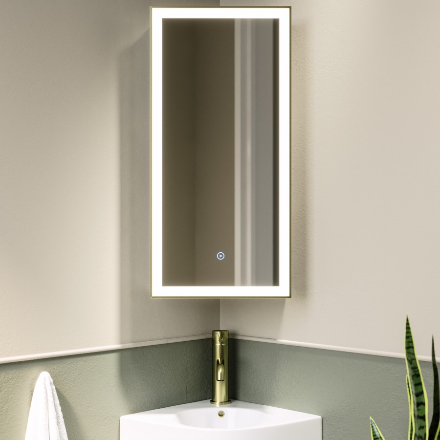 Single Door Corner Brass Mirrored Bathroom Cabinets with Lights 300 x 600mm - Lykos
