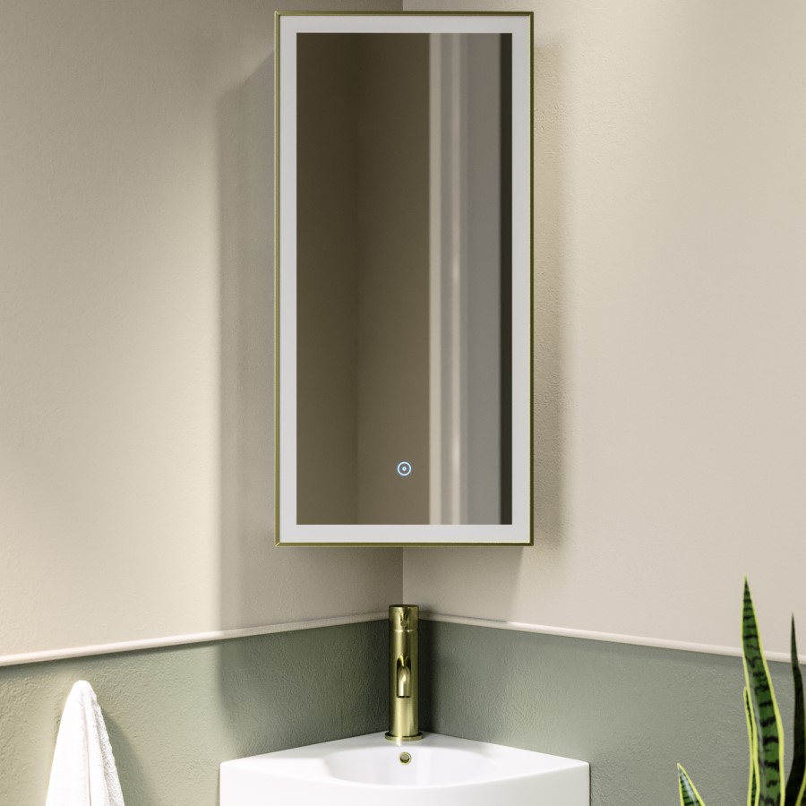 Single Door Corner Brass Mirrored Bathroom Cabinets with Lights 300 x 600mm - Lykos