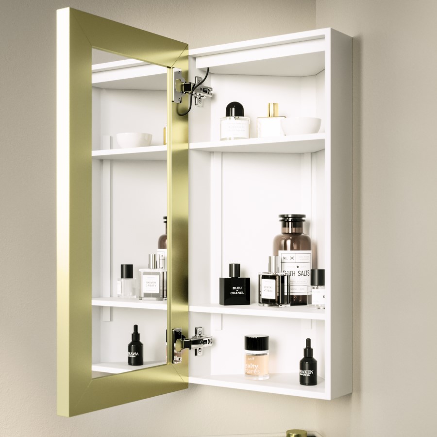 Single Door Corner Brass Mirrored Bathroom Cabinets with Lights 300 x 600mm - Lykos