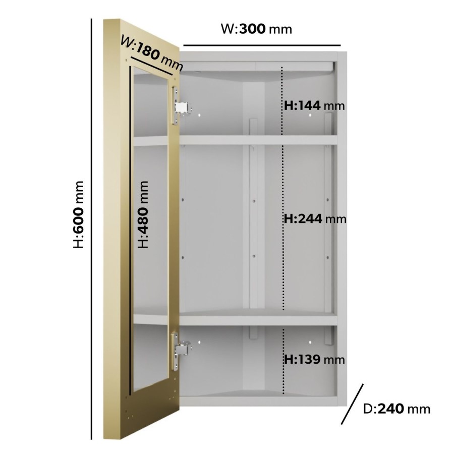 Single Door Corner Brass Mirrored Bathroom Cabinets with Lights 300 x 600mm - Lykos