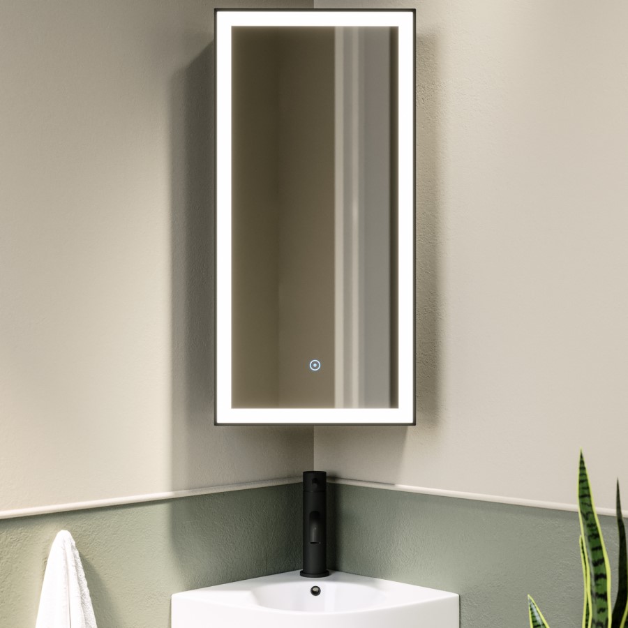 Single Door Corner Black Mirrored Bathroom Cabinets with Lights 300 x 600mm - Lykos