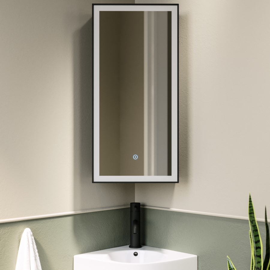 Single Door Corner Black Mirrored Bathroom Cabinets with Lights 300 x 600mm - Lykos