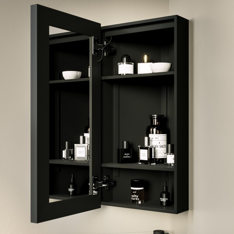 Single Door Corner Black Mirrored Bathroom Cabinets with Lights 300 x 600mm - Lykos