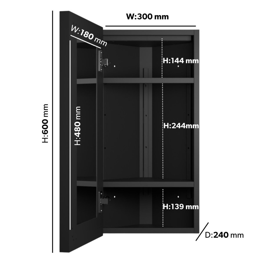 Single Door Corner Black Mirrored Bathroom Cabinets with Lights 300 x 600mm - Lykos
