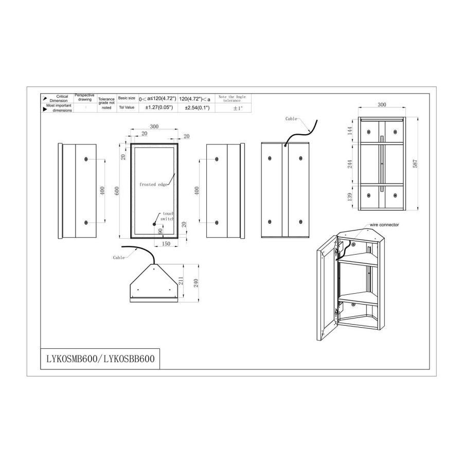 Single Door Corner Black Mirrored Bathroom Cabinets with Lights 300 x 600mm - Lykos