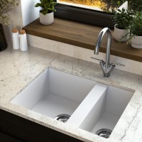 1.5 Bowl White Undermount Composite Kitchen Sink with Chrome Dual Lever Kitchen Mixer Tap - Enza