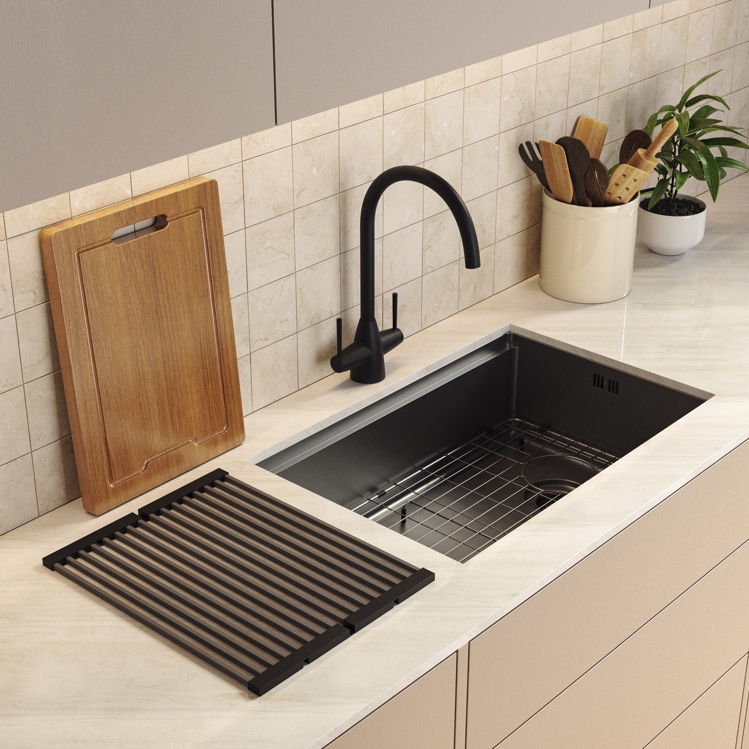 Mae Black Undermount Kitchen Workstation Sink Unit & Accessories