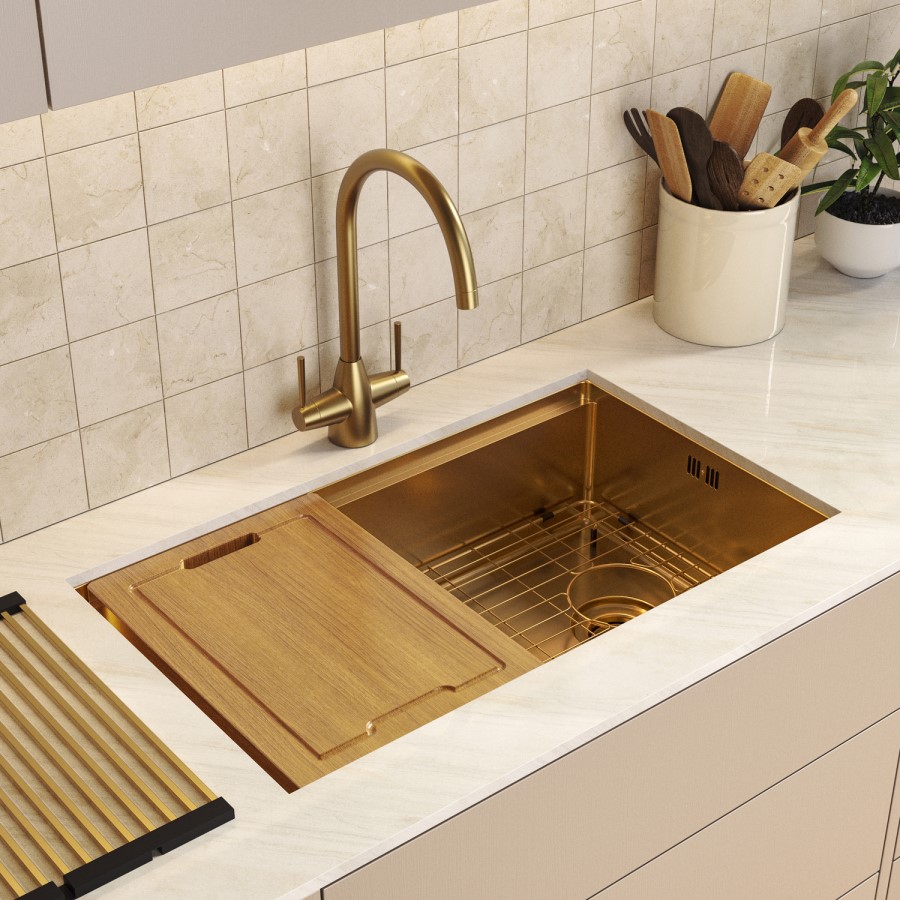 Brushed Brass Large Undermount Kitchen Workstation Sink Unit & Accessories - Mae