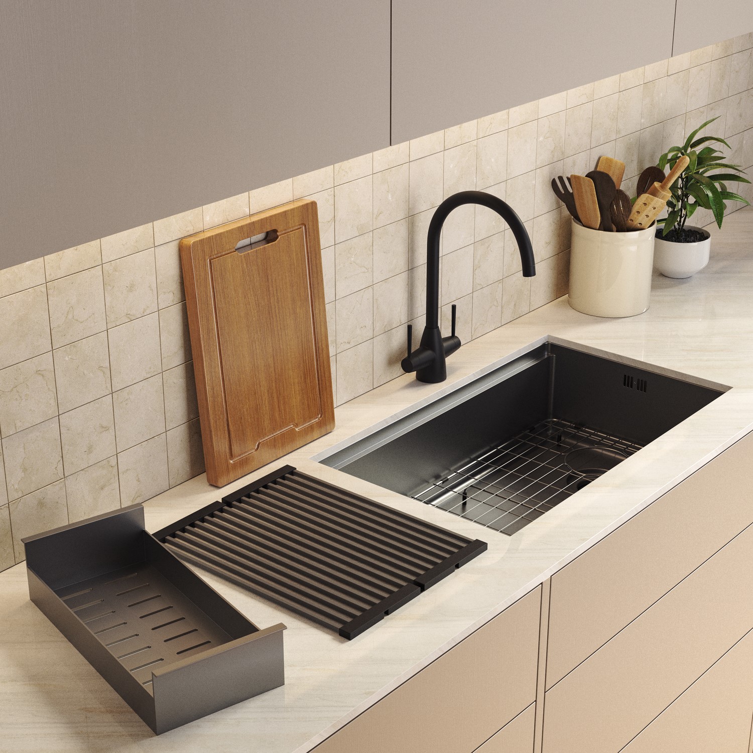 Mae Black Large Undermount Kitchen Workstation Sink Unit & Accessories