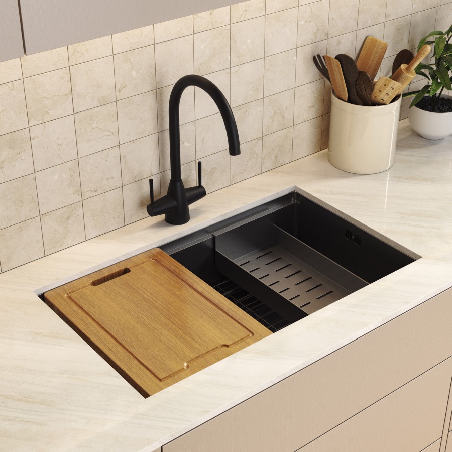 Black Large Undermount Kitchen Workstation Sink Unit & Accessories - Mae