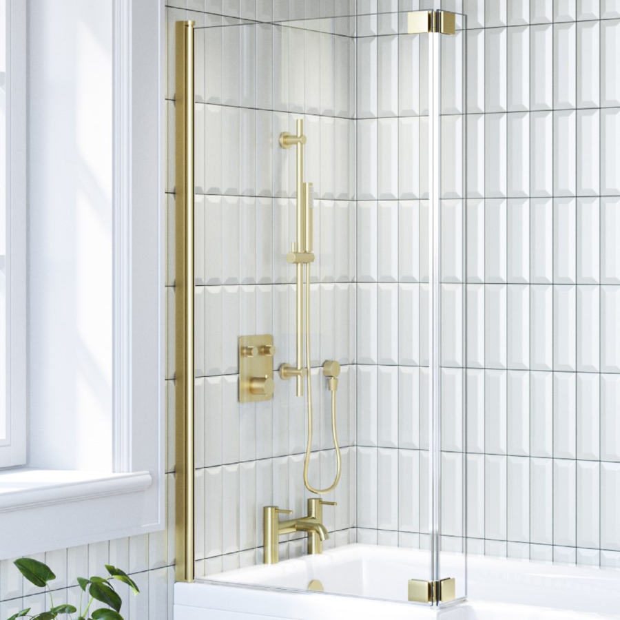 ONLY OPENED - Brushed Brass Hinged L Shape Shower Bath Screen 1450 x 955mm - Maia