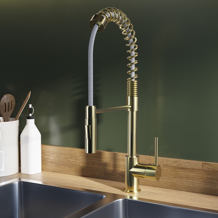 Brushed Brass Single Lever Pull Out Dual Spray Monobloc Kitchen Mixer Tap - Enza Malvern