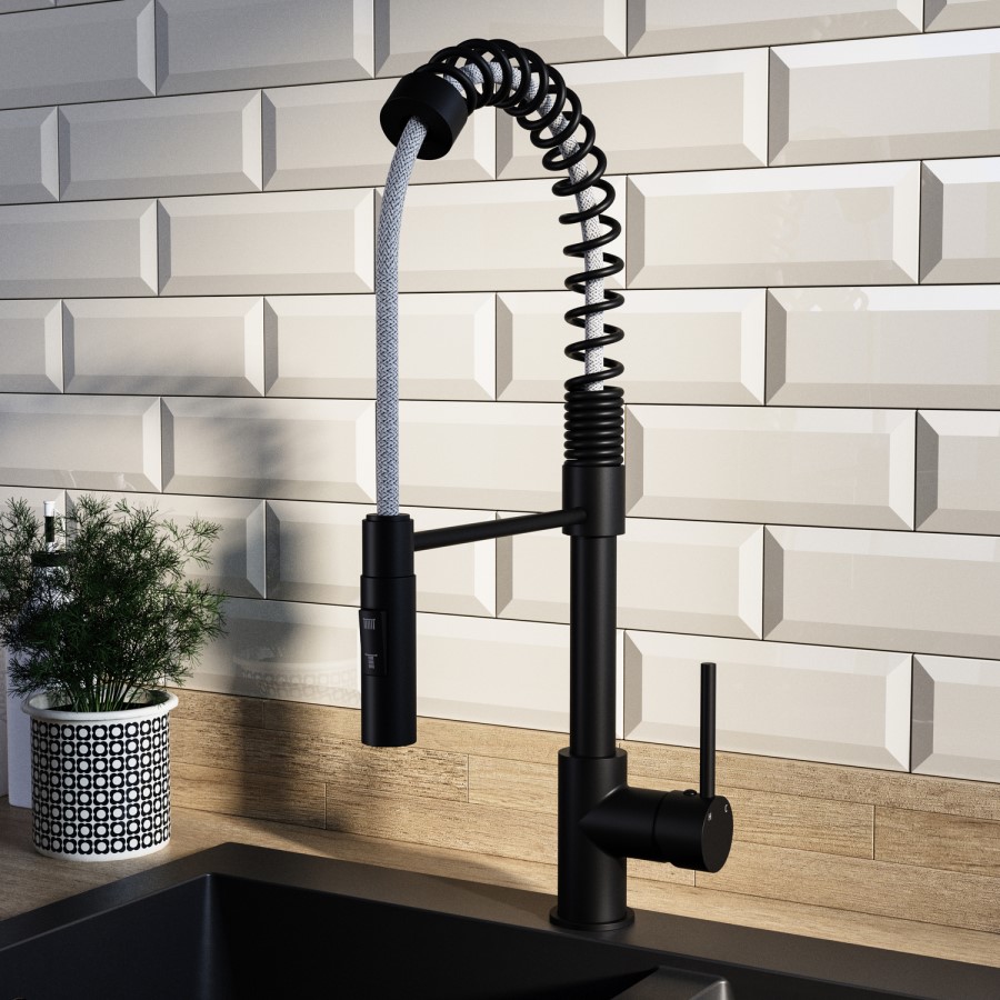 Black Single Lever Pull Out Dual Spray Monobloc Kitchen Mixer Tap - Enza Malvern