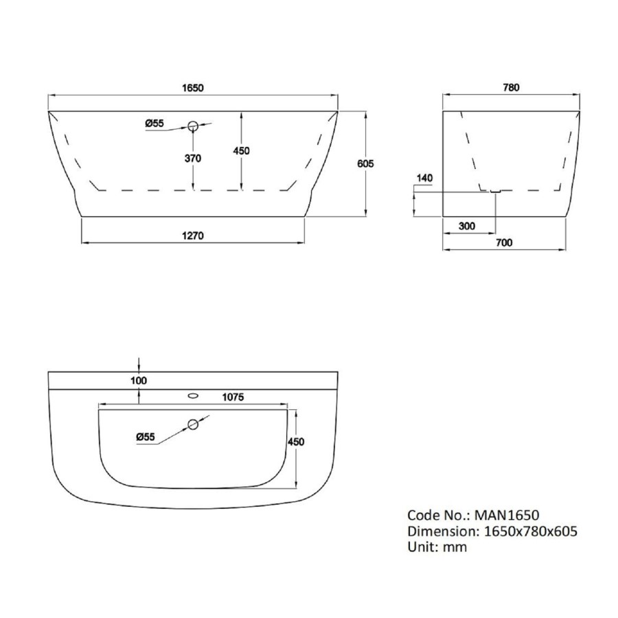 GRADE A2 - Freestanding Back to Wall Double Ended Bath 1650 x 780mm - Manilla