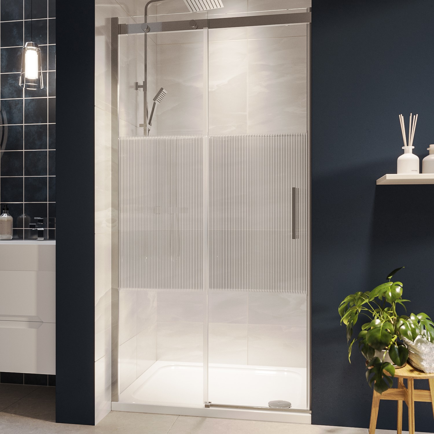 Chrome 8mm Fluted Glass Sliding Shower Door 1200mm Right Hand - Matira ...