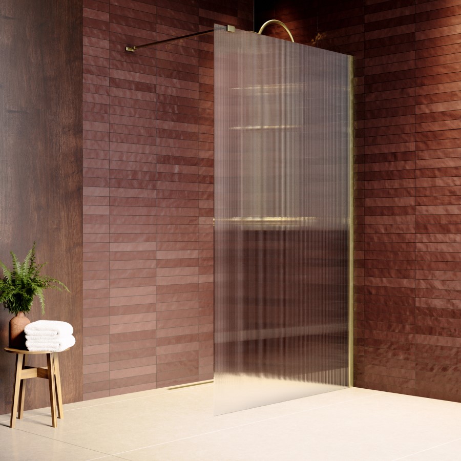 1200mm Brushed Brass Ribbed / Fluted Glass Shower Screen for Wet Room & Walk In Shower - Matira