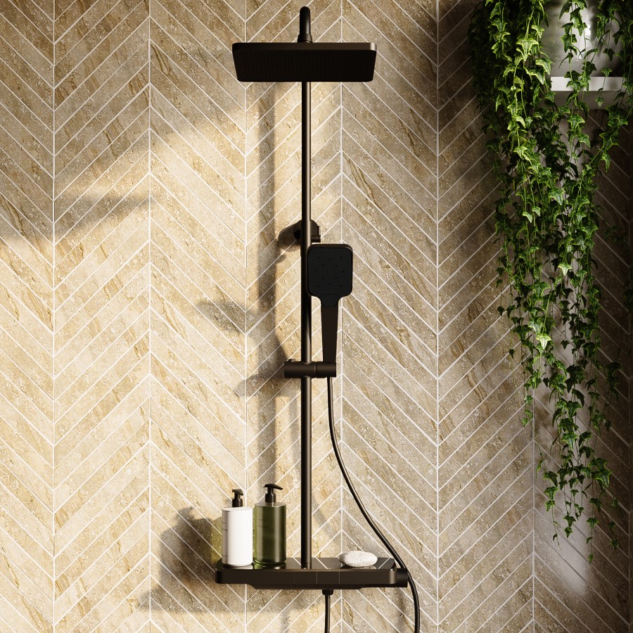 ONLY OPENED - Black Thermostatic Mixer Shower Set with Push Button & Shelf - Mika