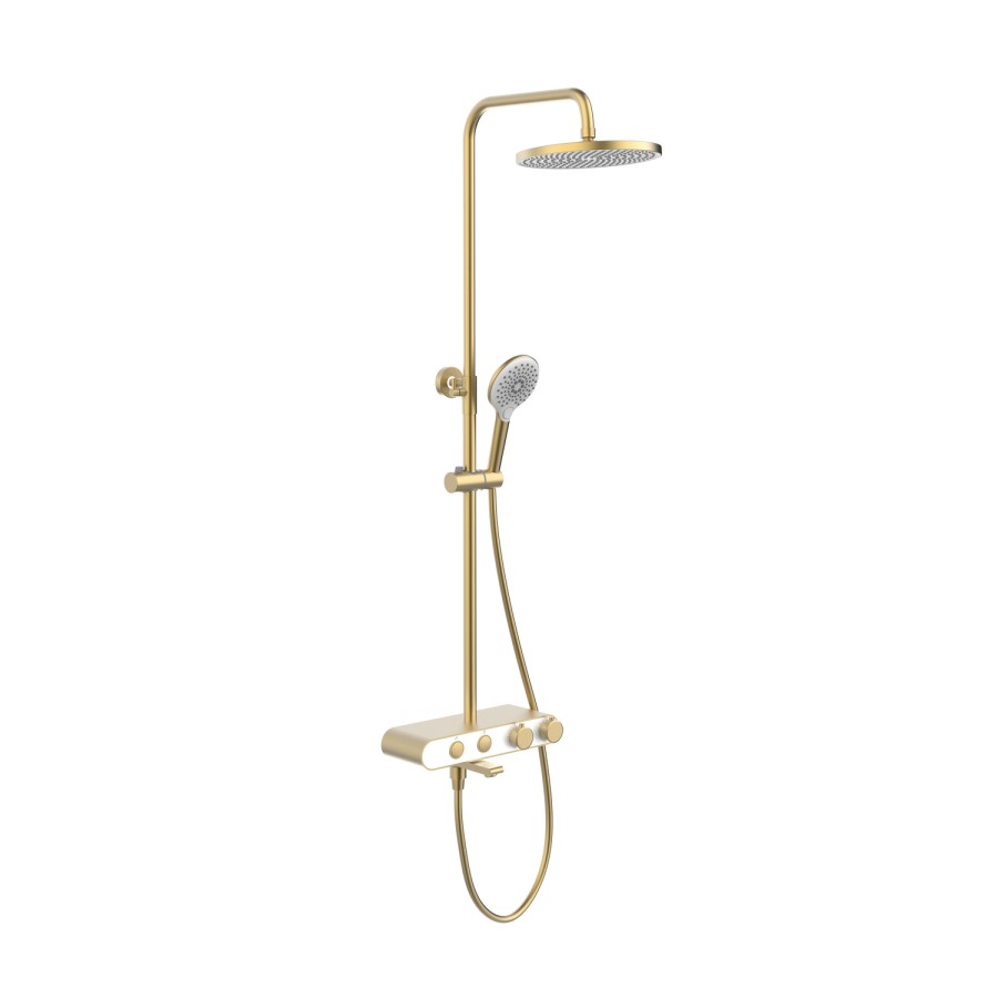 Brushed Brass Round Thermostatic Mixer Shower Set with Bath Filler Spout - Mika