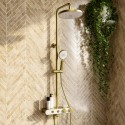 A2/MIKARBB GRADE A2 - Brushed Brass Round Thermostatic 3 Outlet Mixer Shower Set with Bath Filler Spout  Push Buttons and Shelf- Mika