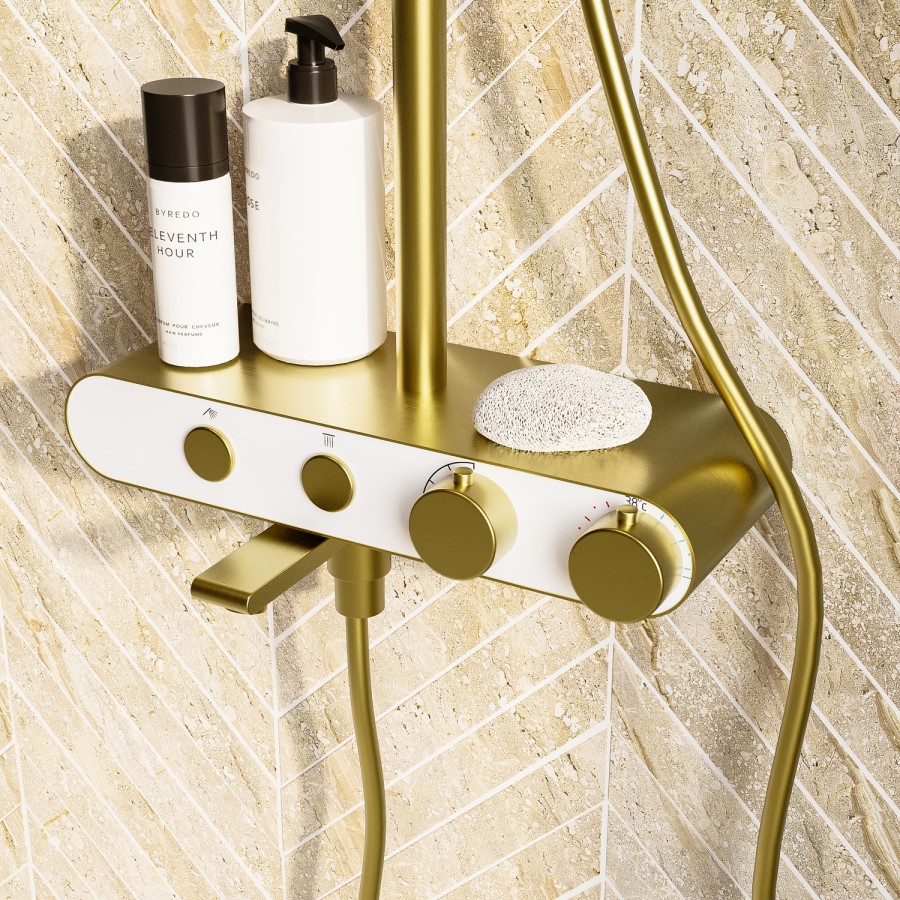 Brushed Brass Round Thermostatic 3 Outlet Mixer Shower Set with Bath Filler Spout  Push Buttons and Shelf- Mika