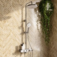 GRADE A2 - Chrome Round Thermostatic 3 Outlet Mixer Shower Set with Bath Filler Spout  Push Buttons and Shelf - Mika