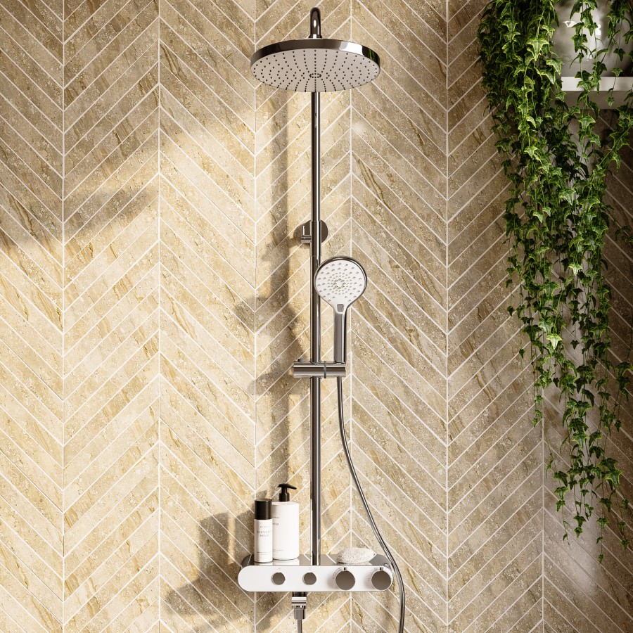 Chrome Round Thermostatic 3 Outlet Mixer Shower Set with Bath Filler Spout  Push Buttons and Shelf - Mika