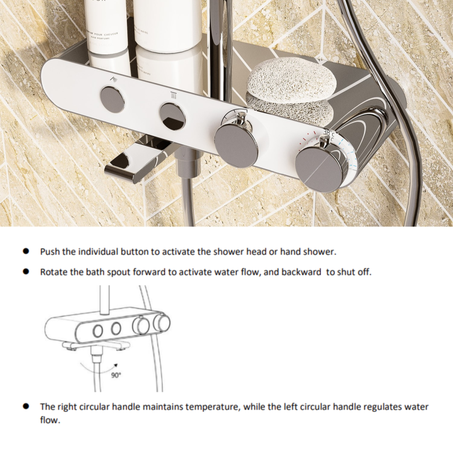 Chrome Round Thermostatic 3 Outlet Mixer Shower Set with Bath Filler Spout  Push Buttons and Shelf - Mika