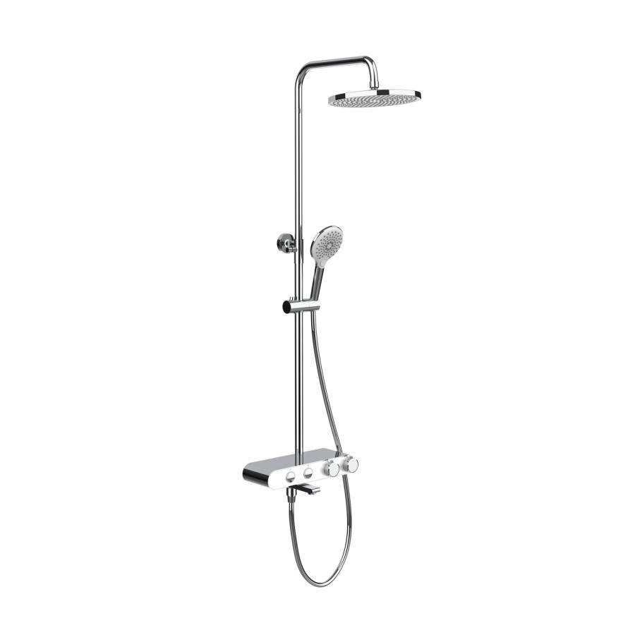 Chrome Round Thermostatic 3 Outlet Mixer Shower Set with Bath Filler Spout  Push Buttons and Shelf - Mika