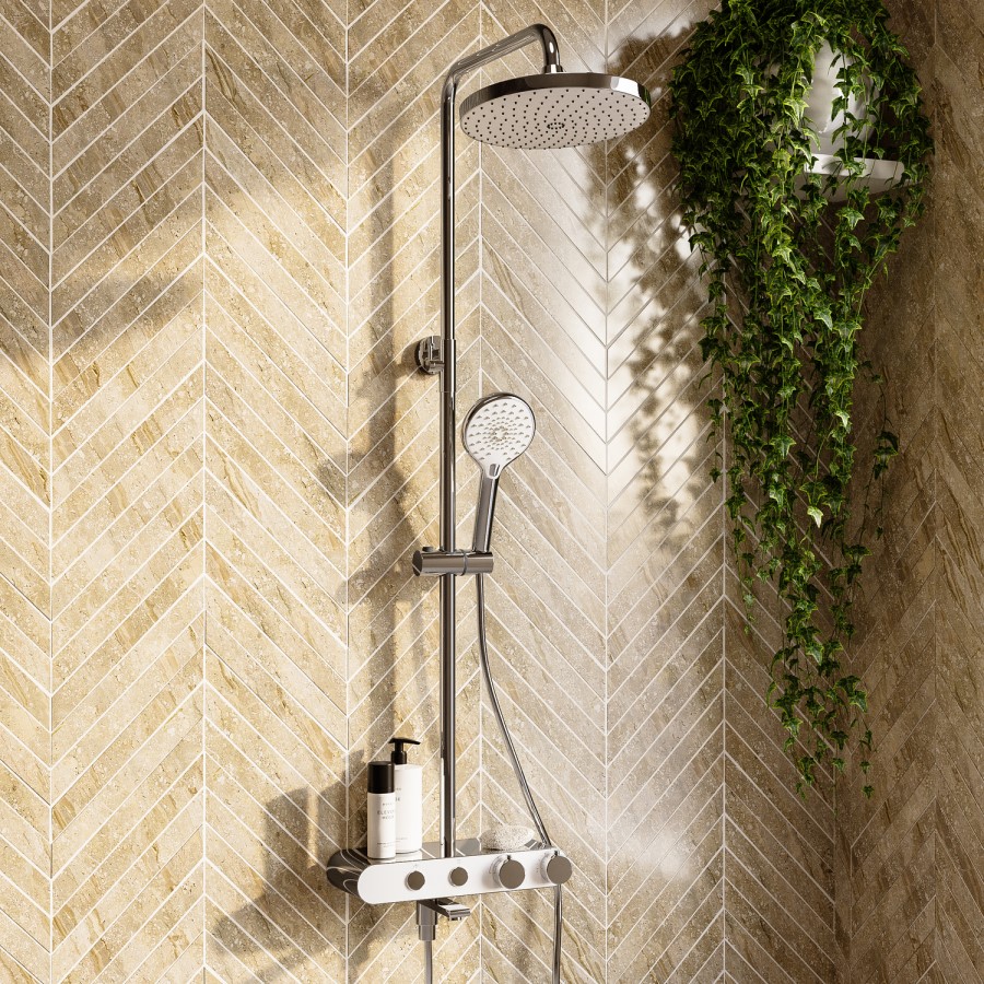 Chrome Round Thermostatic 3 Outlet Mixer Shower Set with Bath Filler Spout  Push Buttons and Shelf - Mika