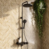 GRADE A2 - Black Round Thermostatic 3 Outlet Mixer Shower Set with Bath Filler Spout Push Buttons and Shelf- Mika