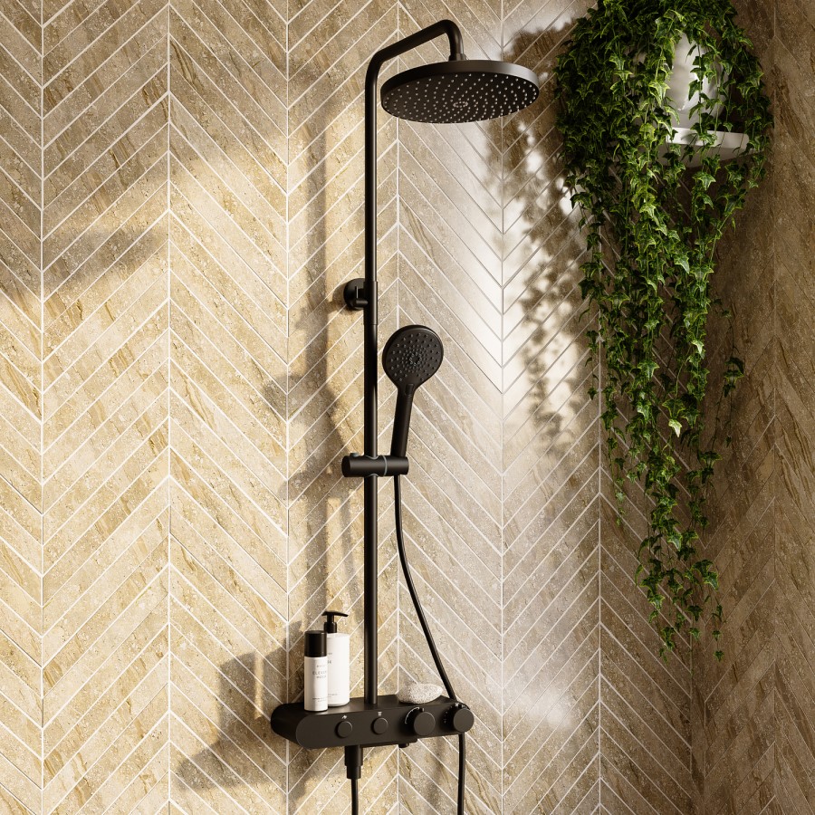 Black Round Thermostatic 3 Outlet Mixer Shower Set with Bath Filler Spout Push Buttons and Shelf- Mika