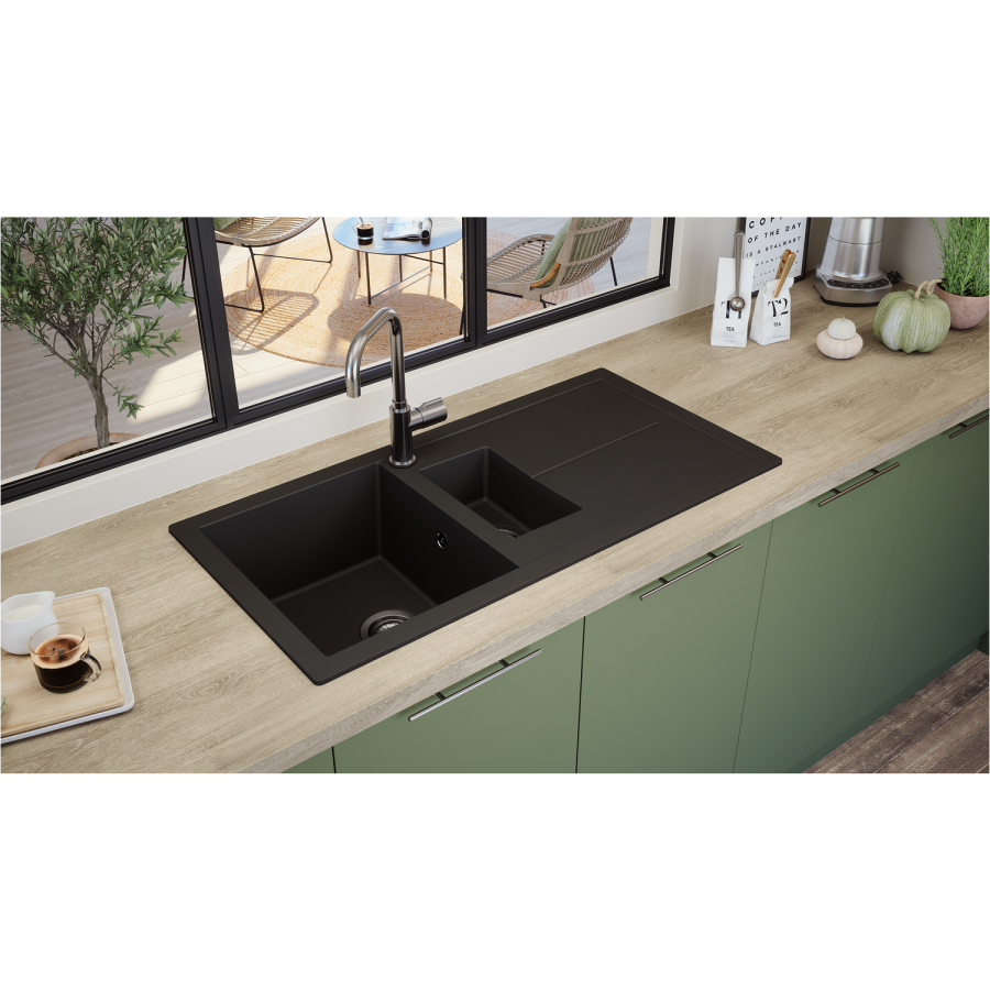 Rocklite Milton 1.5 Bowl Inset Black Composite Kitchen Sink with Reversible Drainer