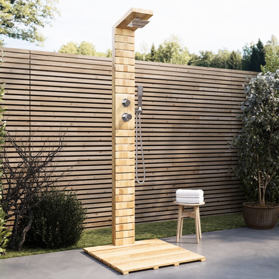 Wooden Thermostatic Outdoor Shower with Square Hand Shower 2 Outlets - Namara