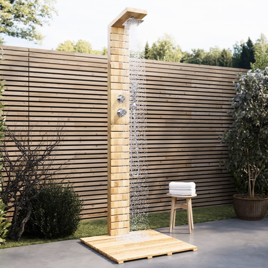 Wooden Thermostatic Outdoor Shower with Square Hand Shower 2 Outlets - Namara