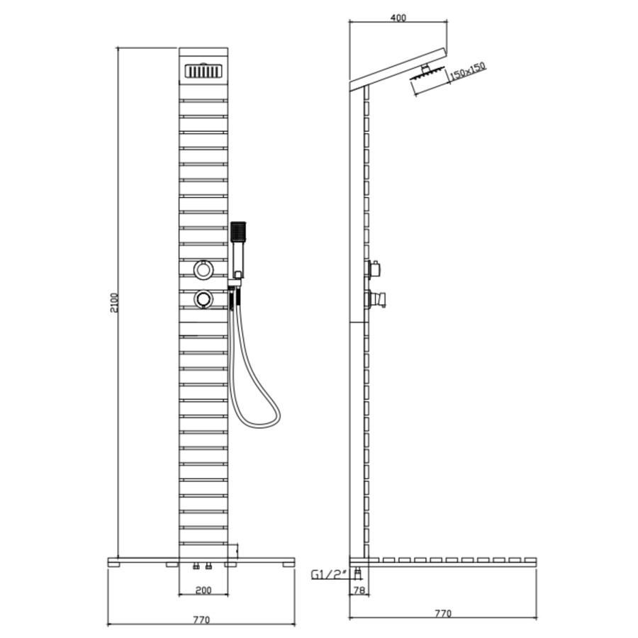 Wooden Thermostatic Outdoor Shower with Square Hand Shower 2 Outlets - Namara
