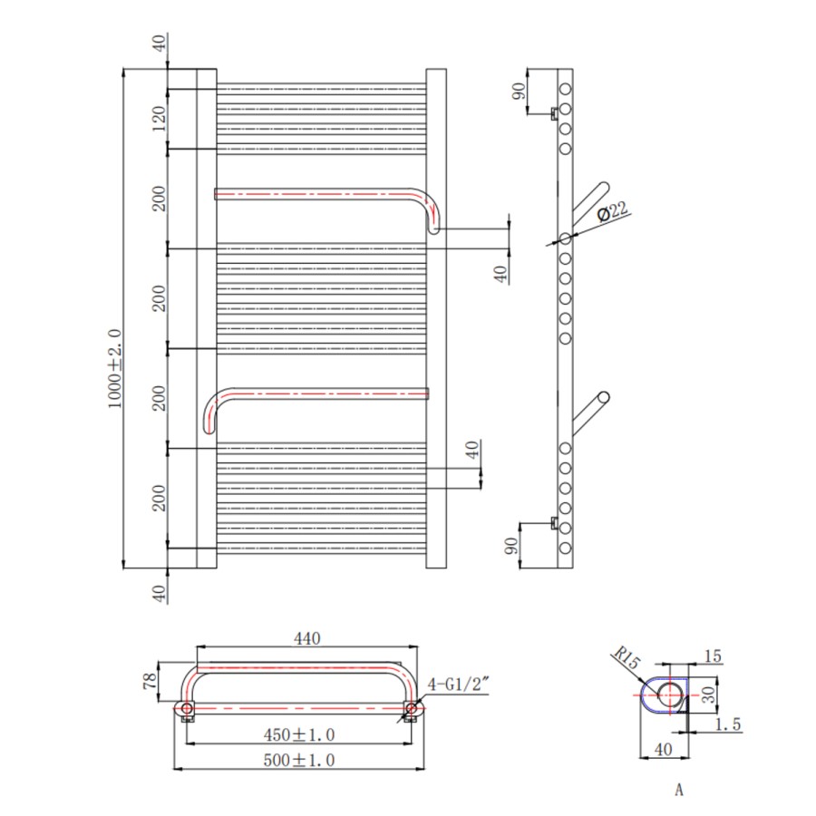 Brass Towel Radiator 1000 x 500mm - Nazco