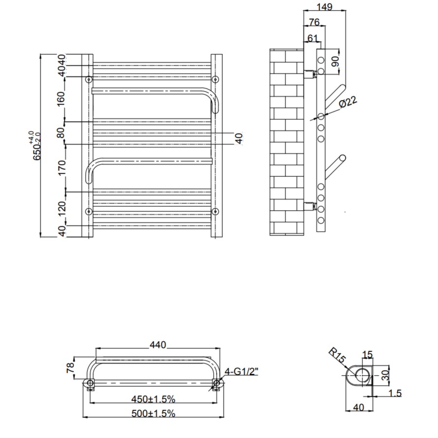 Brass Towel Radiator 650 x 500mm - Nazco