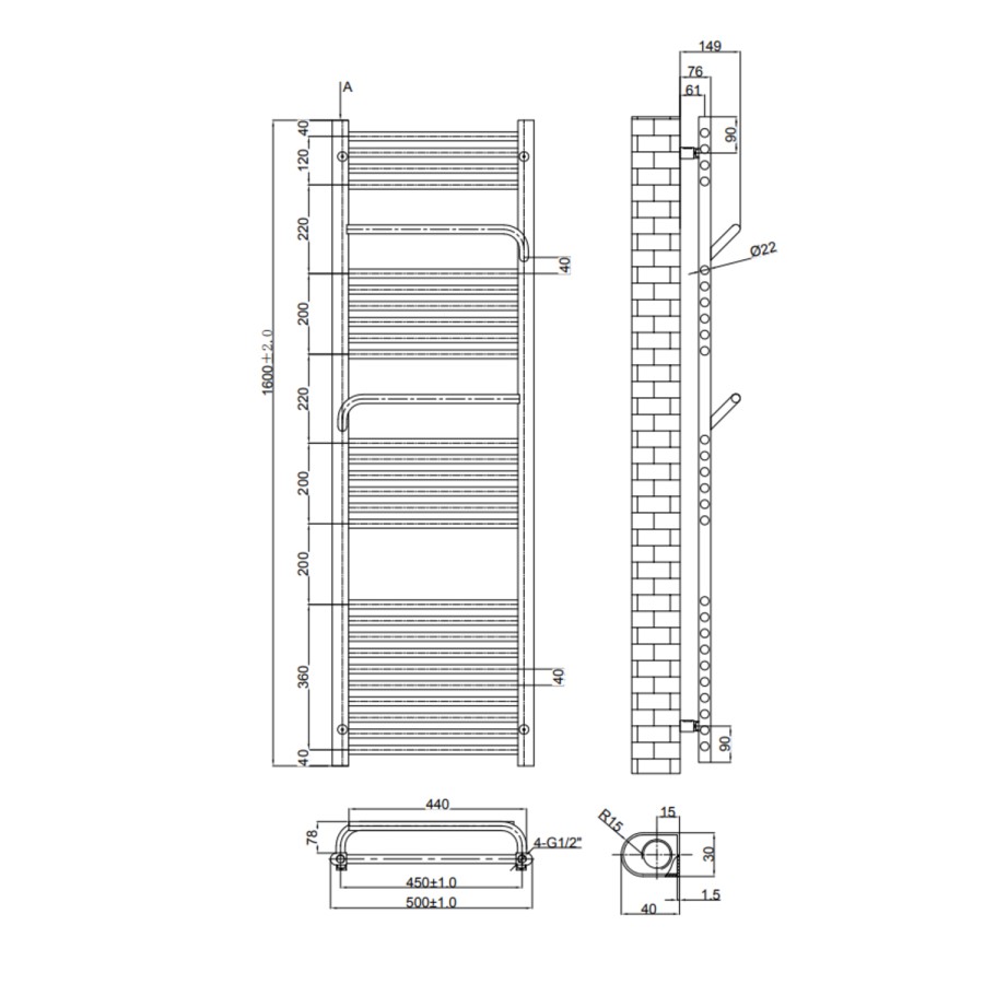 Brass Towel Radiator 1600 x 500mm - Nazco