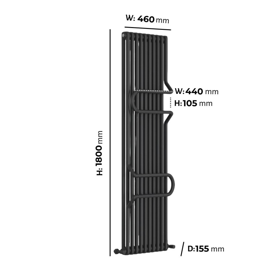 Vertical Black Column Radiator with Towel Bars 1800 x 460mm - Nevis