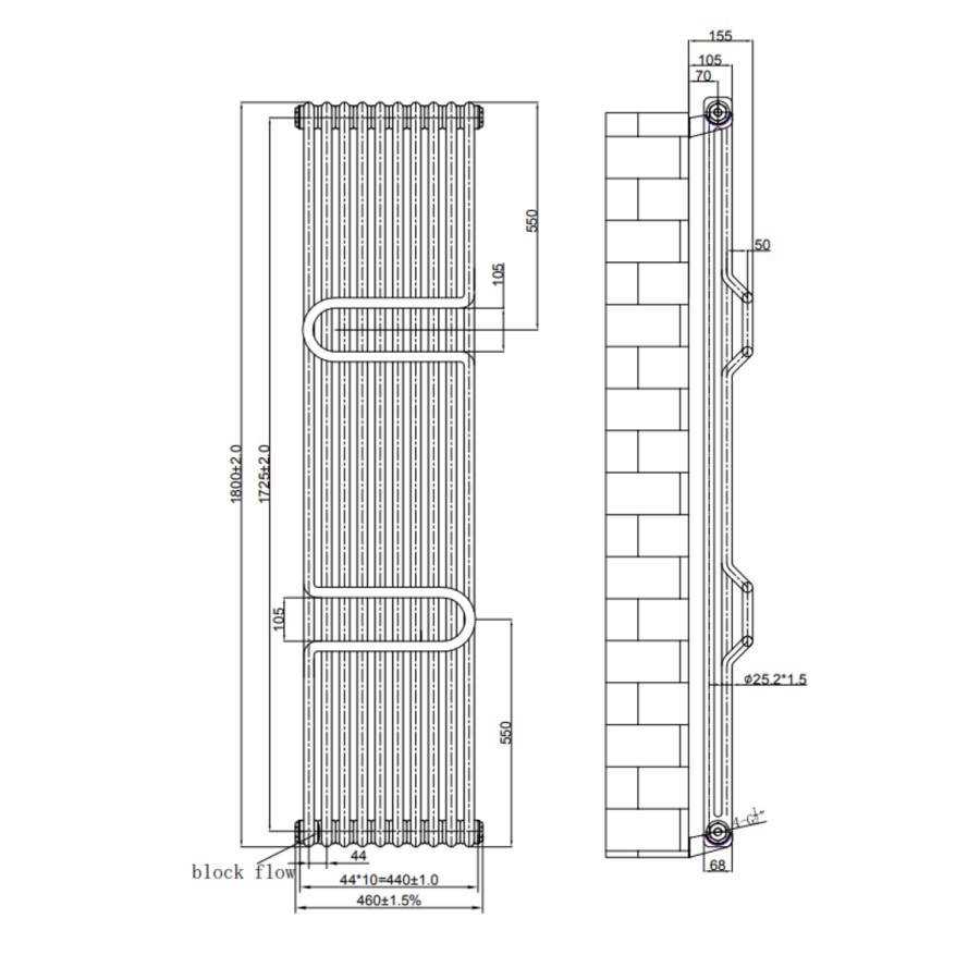 Vertical Black Column Radiator with Towel Bars 1800 x 460mm - Nevis